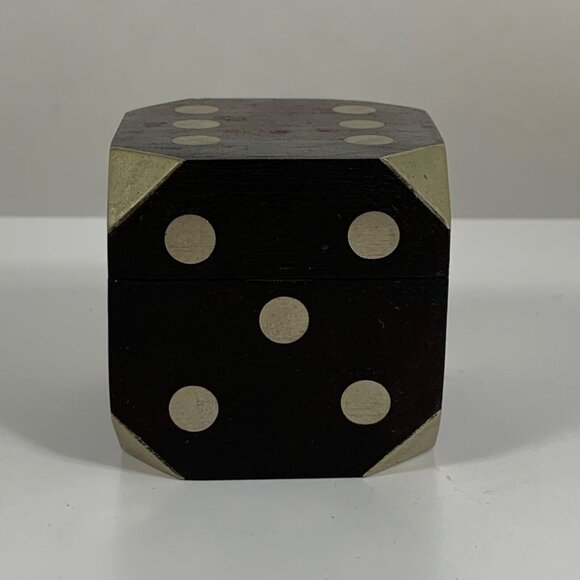 Bella Lux Wooden Dice Box w/ Metal Accents + Five Mini Black Dice Set Vintage - Picture 3 of 10